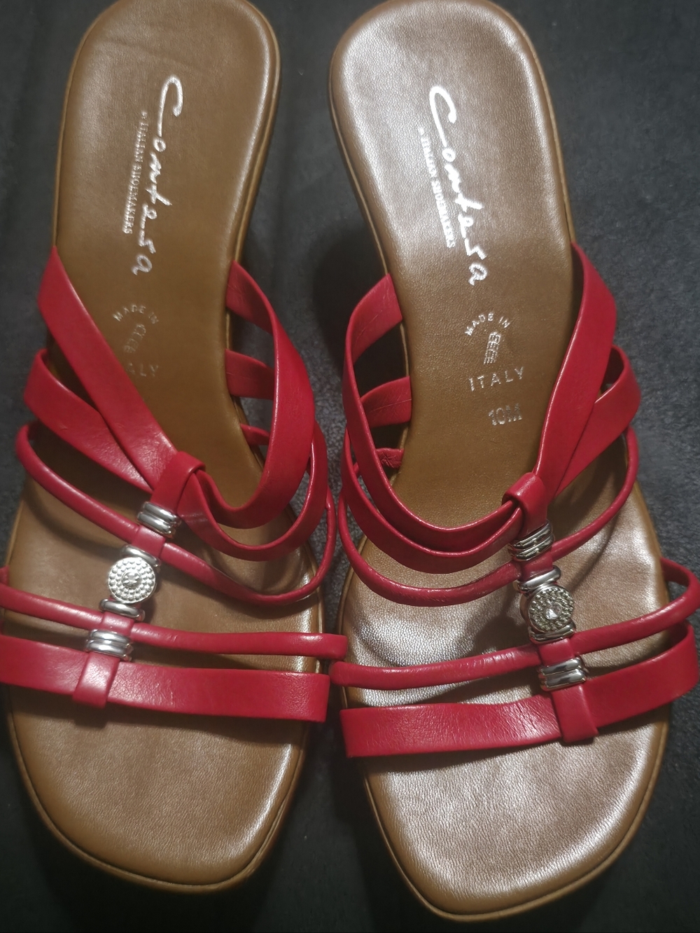Italian Shoemakers Contesa Red Multi-Strap Sandals w/ Silver Accents Size 10M
